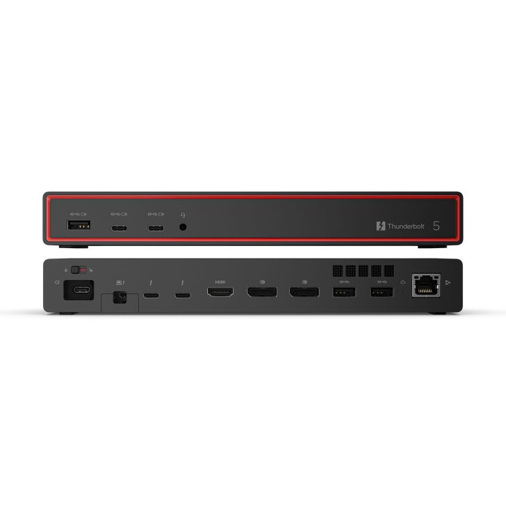 Thunderbolt 5 docking station with USB, HDMI, Ethernet, and Thunderbolt ports, front and back view.