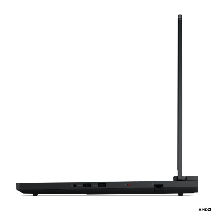 AMD laptop with visible side ports and AMD logo in the bottom right corner.
