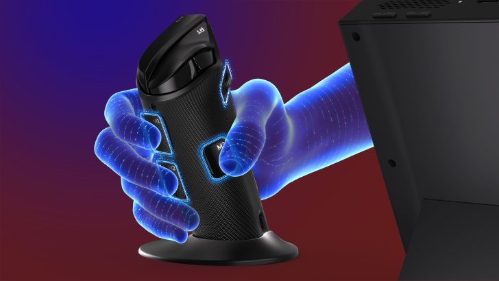 3D blue hand holding a NEX handle with M1, M2, and RT buttons visible, next to a black device on a red and blue gradient background.