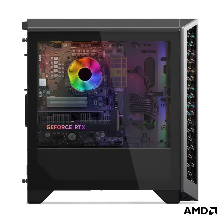 AMD case with GeForce RTX graphics card and rainbow fan visible through side panel.