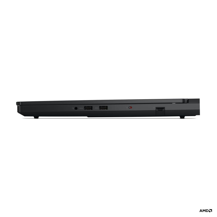 Lenovo laptop side view with visible AMD logo and multiple ports including USB and Ethernet.
