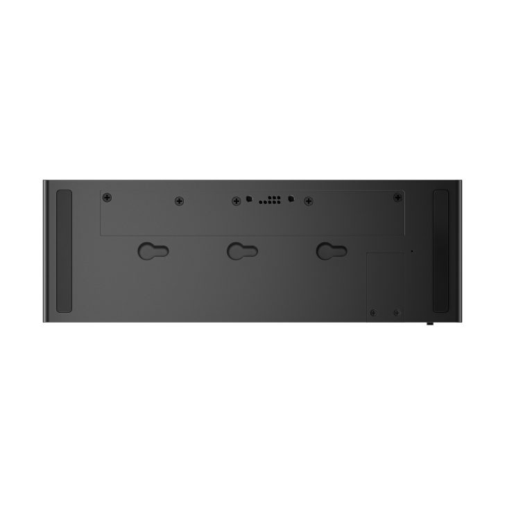 Bottom view of unbranded electronic device with multiple mounting holes and visible screws.