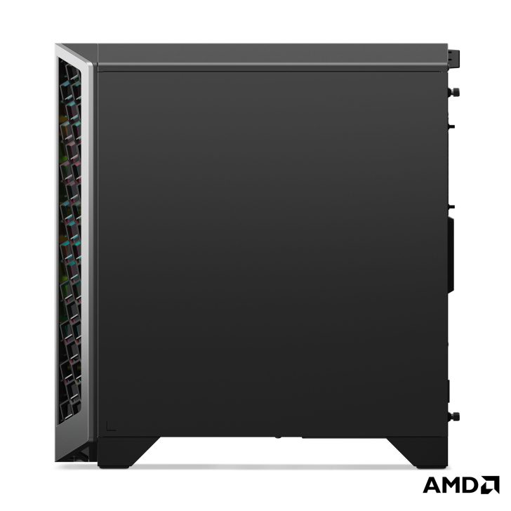 AMD computer case with RGB lighting visible through side vents.