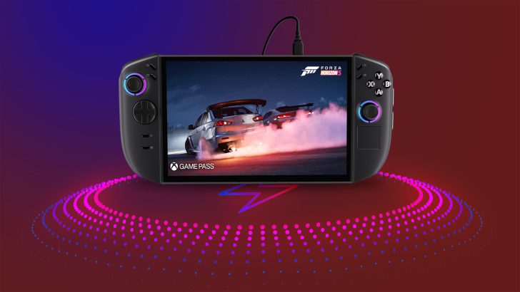 Handheld gaming device with Game Pass on-screen playing Forza Horizon 5 on a dynamic red and blue background.
