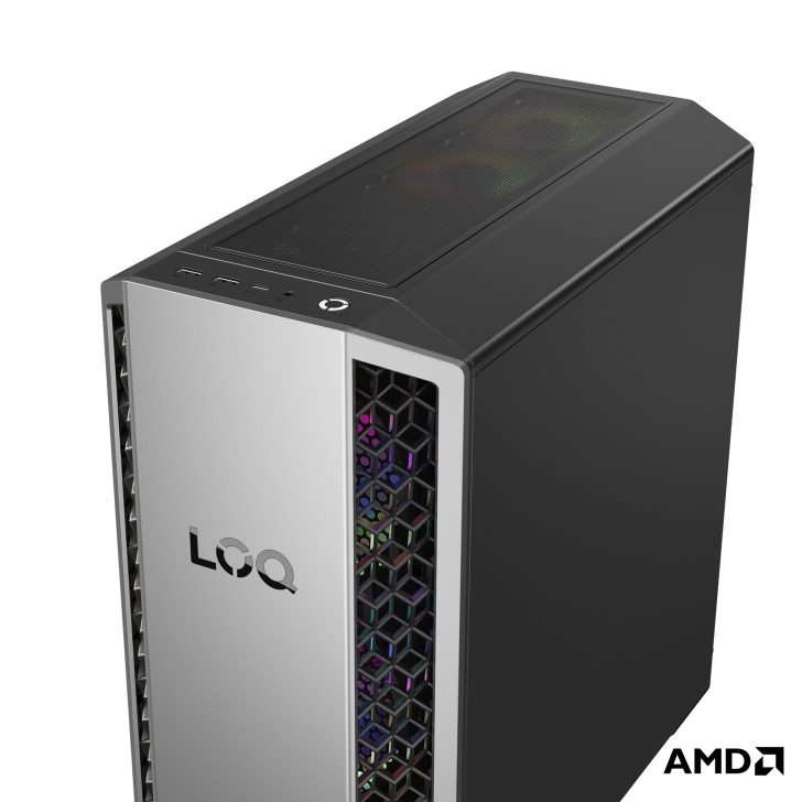 Lenovo LOQ gaming desktop with AMD logo and RGB lighting visible on the side panel.