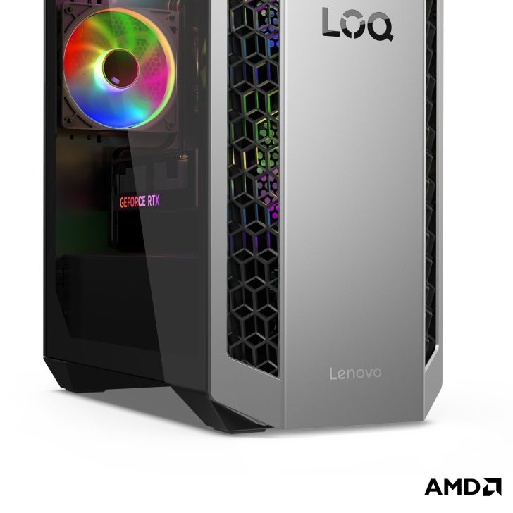 Lenovo LOQ gaming desktop with NVIDIA GeForce RTX visible inside, featuring a colorful cooling fan and hexagonal front panel design.