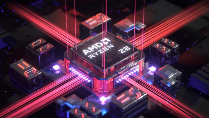 AMD Ryzen Z2 processor with glowing red circuitry on a motherboard.