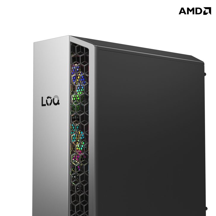Lenovo LOQ desktop with AMD branding and colorful internal lighting, side panel view.