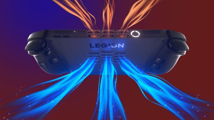 Lenovo Legion gaming device with blue and orange airflow effects.