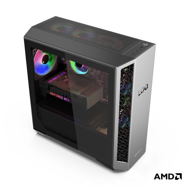Lenovo desktop tower with NVIDIA GeForce RTX visible through glass panel, showing colorful fans, AMD logo in corner.