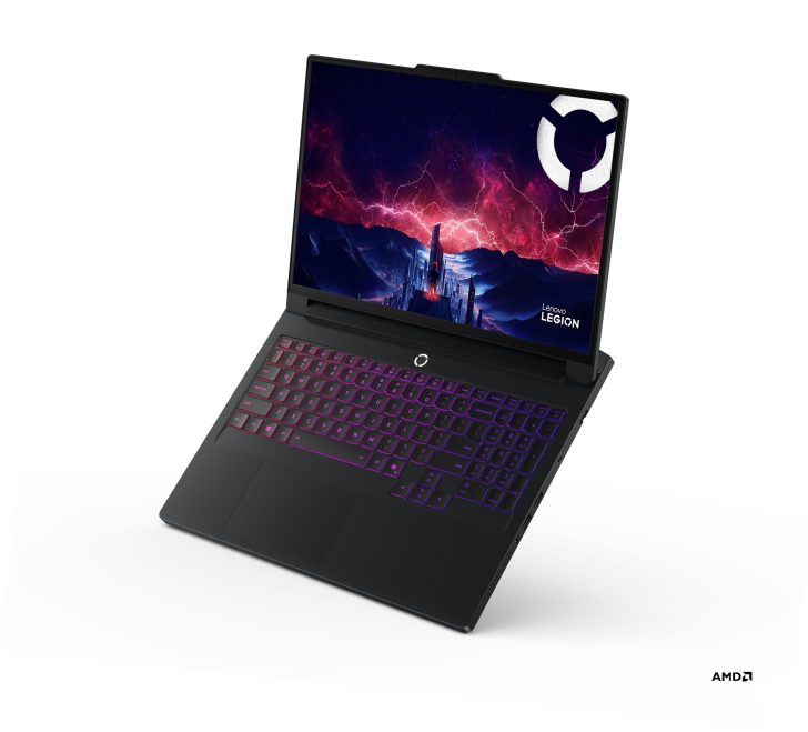 Lenovo Legion laptop displaying a vivid landscape screen with Lenovo LEGION logo, on a white background with AMD branding.