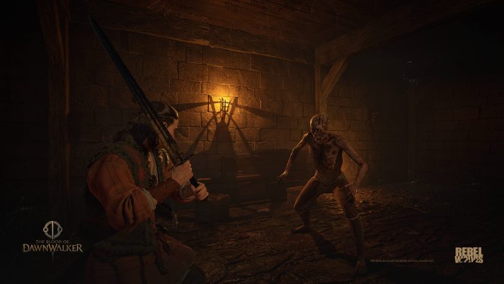 The Blood of Dawnwalker game scene by Rebel Wolves with a character holding a sword facing a creature in a dimly lit dungeon.