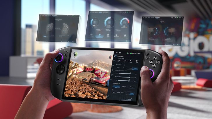 Lenovo Legion Go handheld gaming device displaying Mexican Festival game scene and performance settings in a modern room.