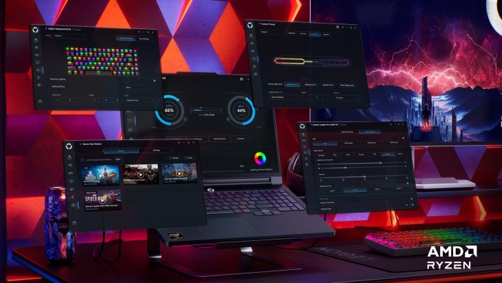 Lenovo Legion Pro 32HQ display with AMD Ryzen featuring colorful lighting settings and game clip master interface, desktop setup.