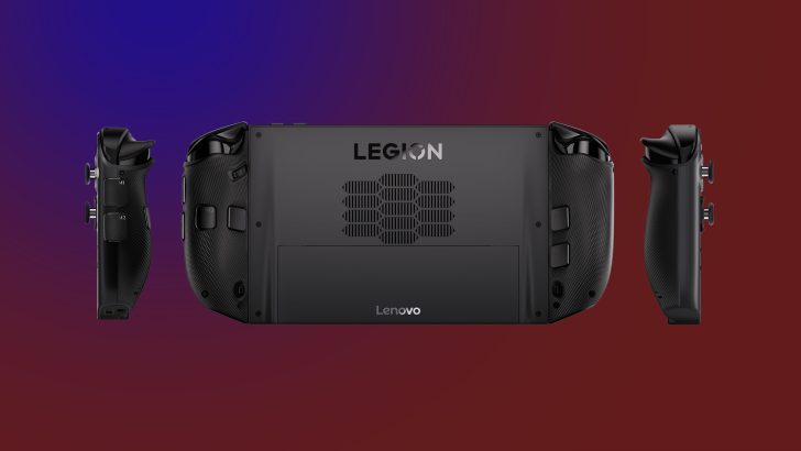 Lenovo Legion gaming device with detachable controllers against a gradient background.