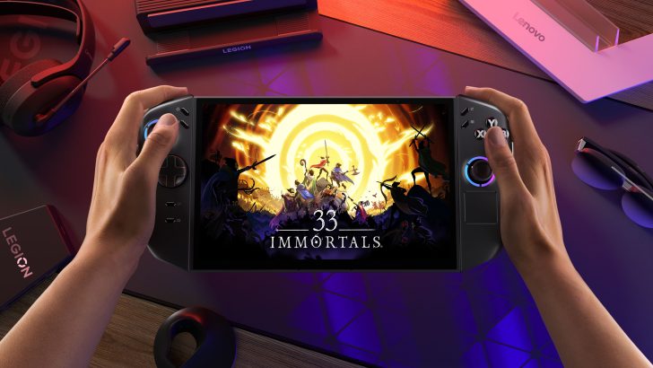 Lenovo Legion Go handheld shows 33 Immortals game on screen.