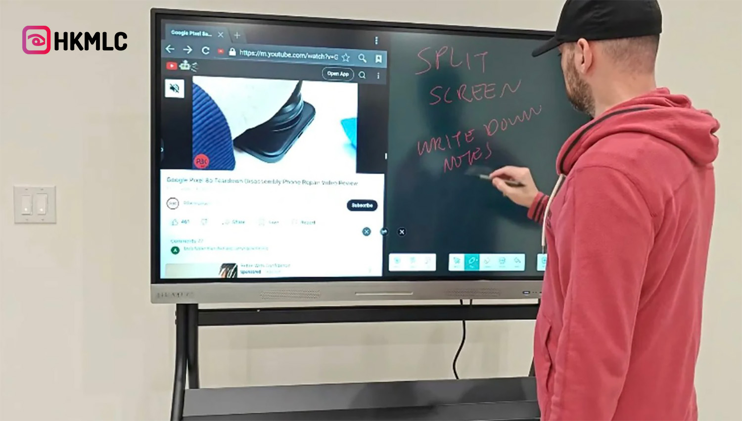 HKMLC screen showing YouTube and notes, with 'SPLIT SCREEN' and 'WRITE DOWN NOTES' written on it.