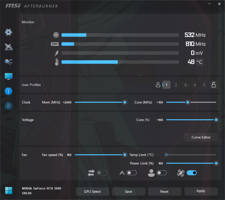 MSI Afterburner interface displaying NVIDIA GeForce RTX 5090 settings with clock, voltage, and fan controls.