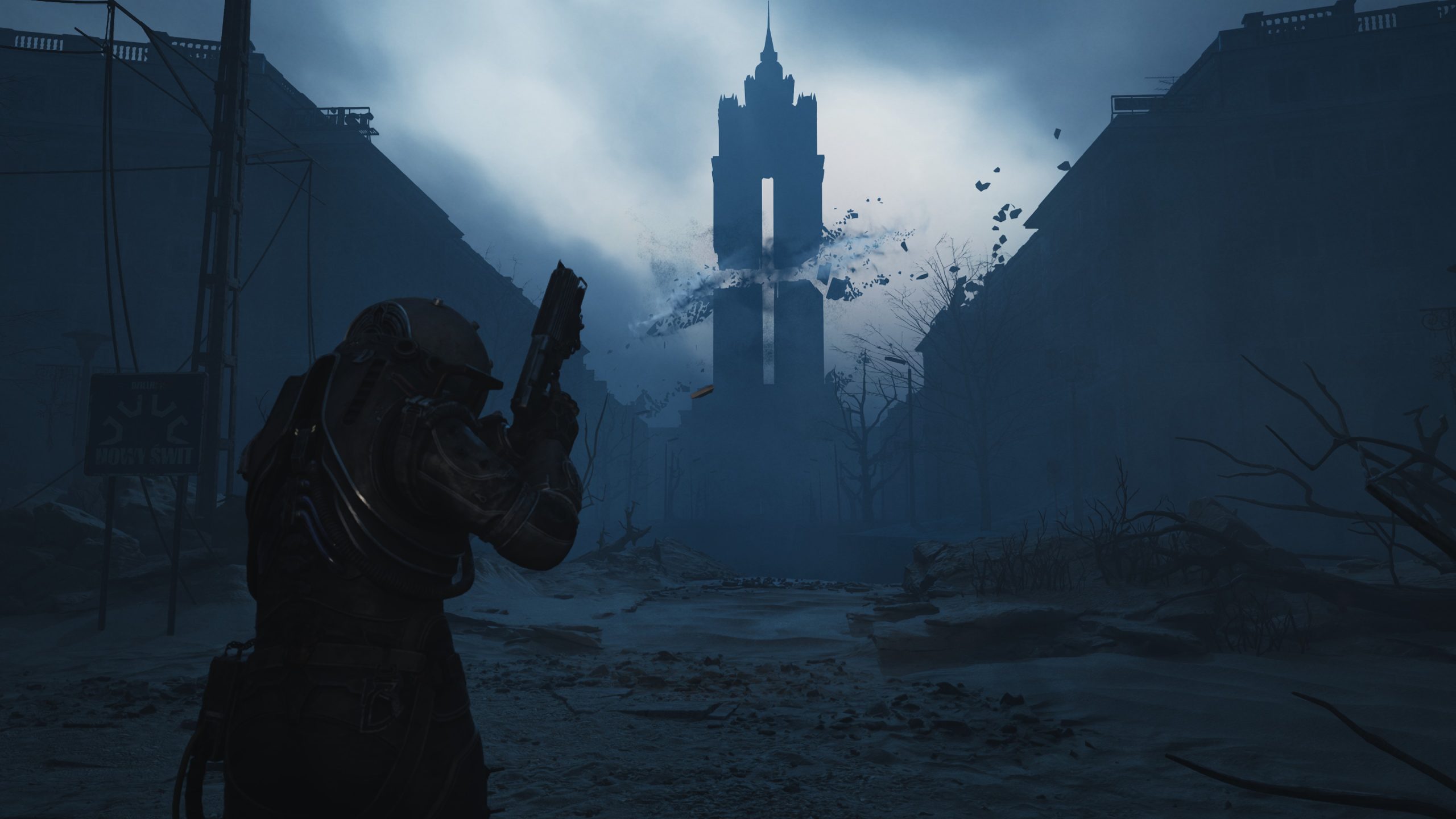 A soldier holds a weapon in a desolate city with a sign reading NOWY SWIAT and debris flying around a silhouetted tower.
