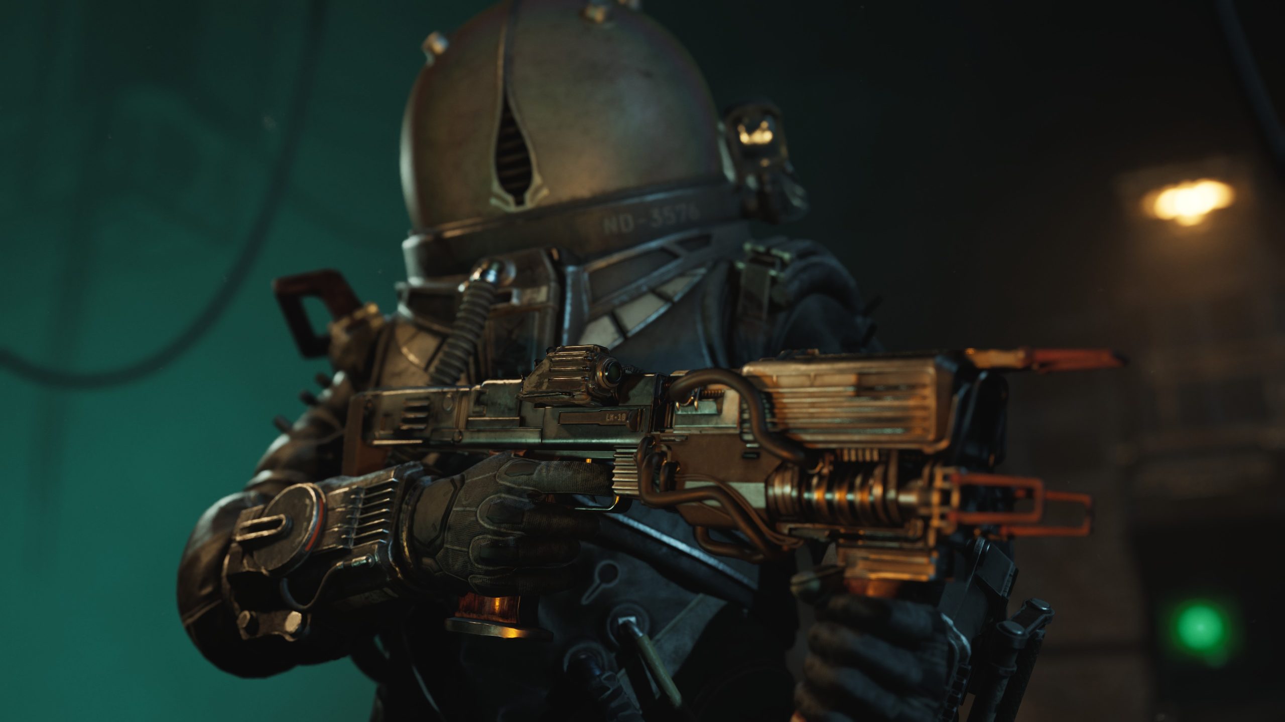 Spacesuit helmet with ND-3576 and a futuristic weapon labeled LK-19 held in a dimly lit setting.