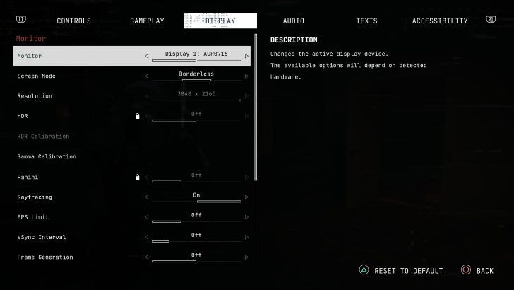 Display settings screen showing Monitor: Display 1: ACR0716 with resolution set to 3840 x 2160 in a gaming UI.