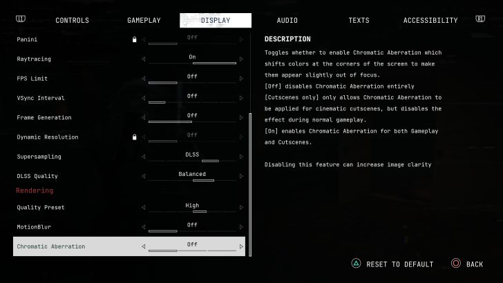 Display settings menu showing Chromatic Aberration toggled to Off with description about its effects.