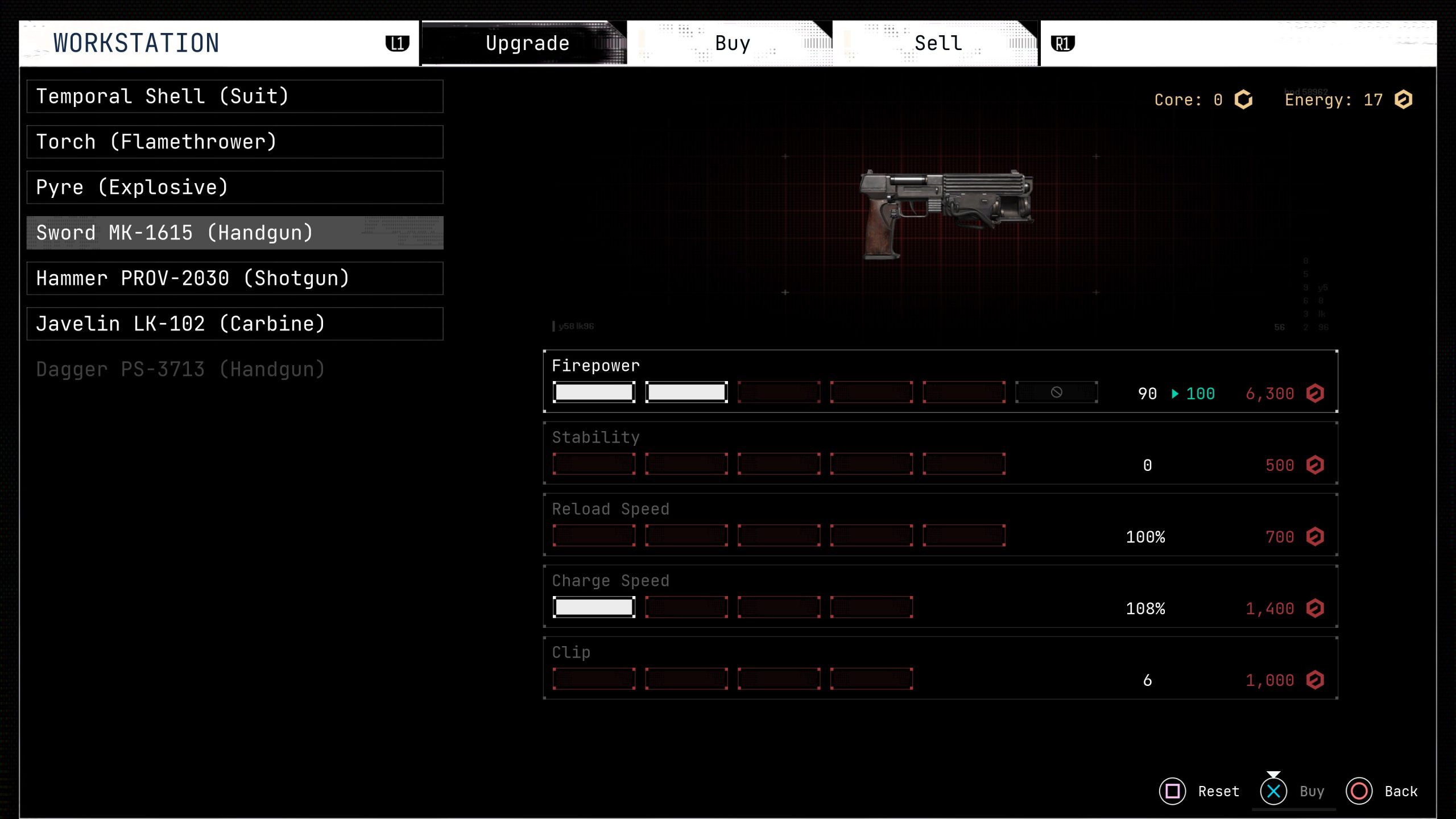 Workstation menu screen showing Sword MK-1615 (Handgun) with upgrade options listed for firepower, stability, and reload speed.