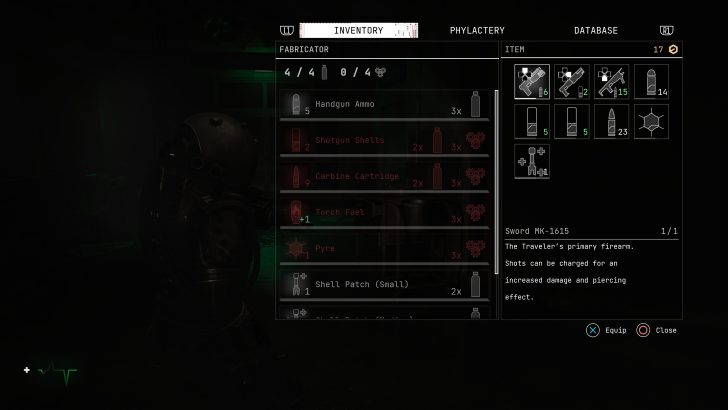 Inventory screen displaying Sword MK-1615 details with available ammo and items listed alongside character silhouette.