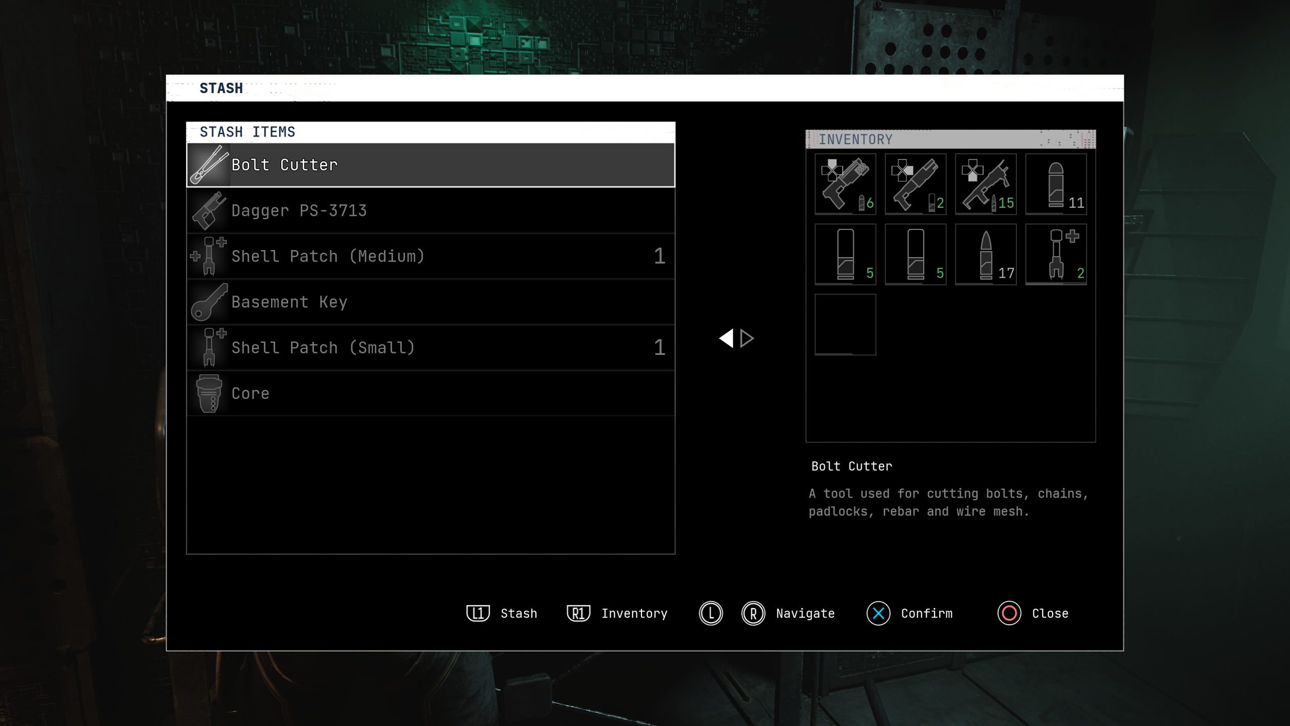 Stash and inventory screen displaying items like Bolt Cutter and Dagger PS-3713 in a dark room setting.