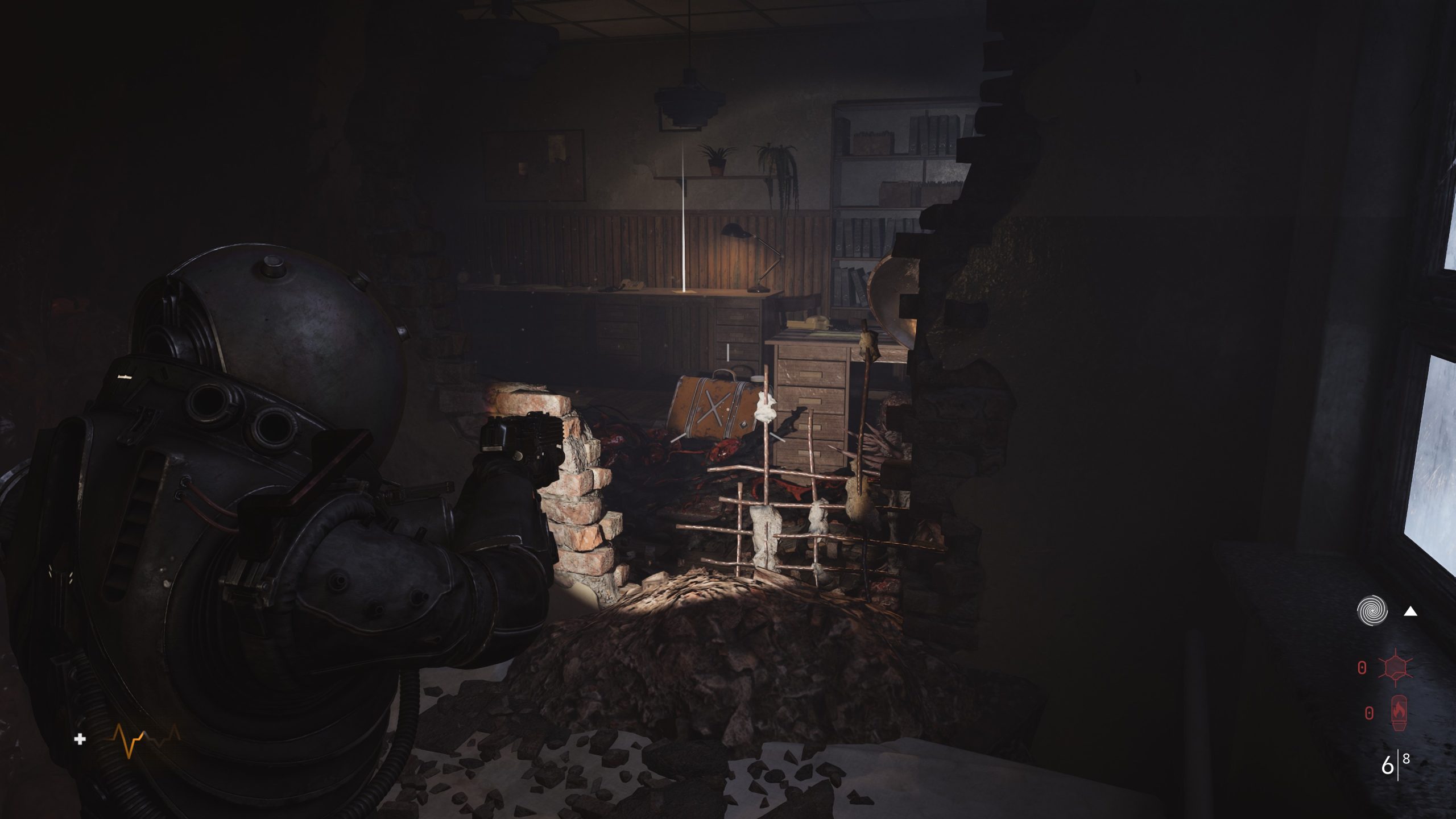 Player in a spacesuit aims a gun through a broken wall into a dimly lit office with a briefcase on the floor.
