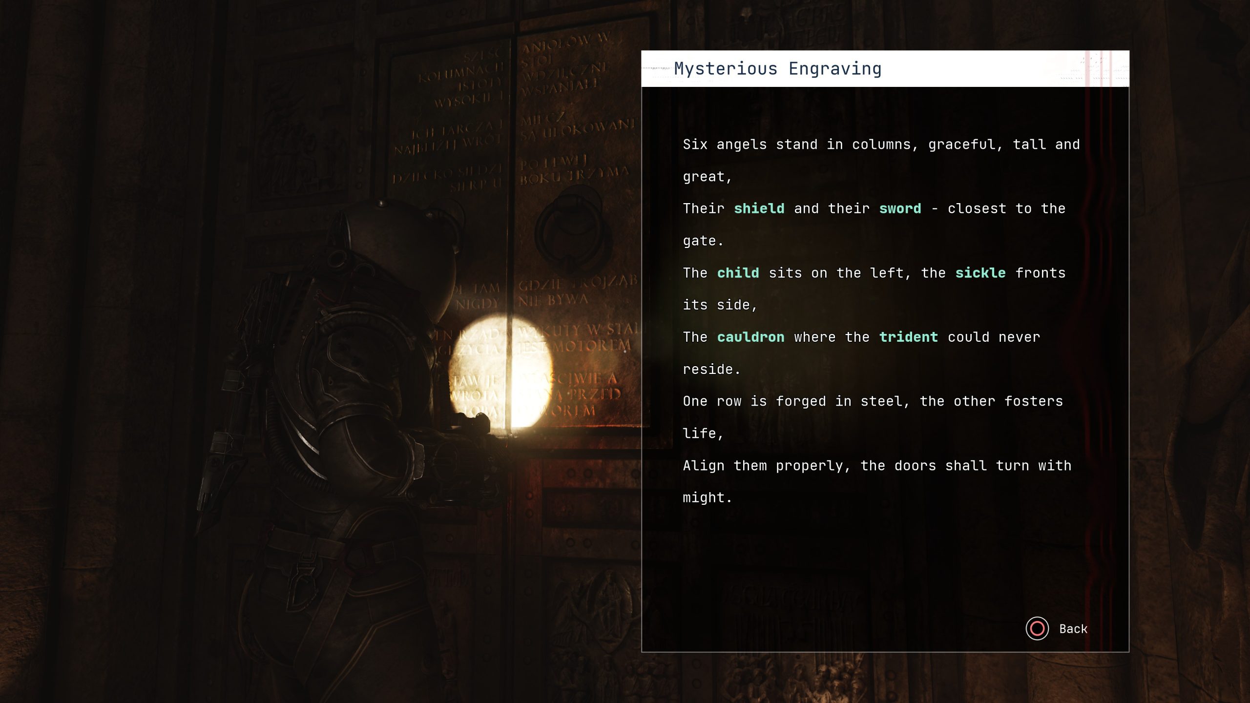 Astronaut examining door with text on screen reading “Mysterious Engraving” and poem about six angels, shield, sword, child, sickle, cauldron, trident.