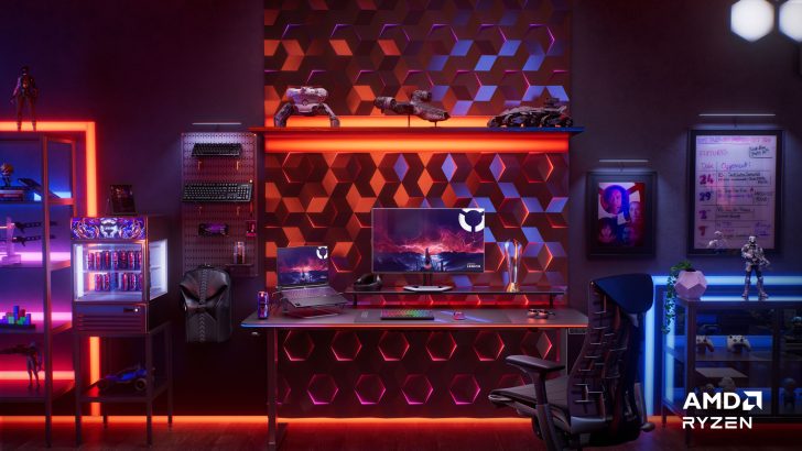AMD RYZEN logo displayed in a gaming setup with Lenovo Legion monitor and laptop on a textured hexagonal pattern wall.