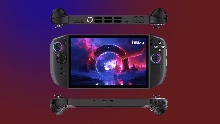Lenovo Legion handheld gaming device with Lenovo LEGION on screen and visible side vents.