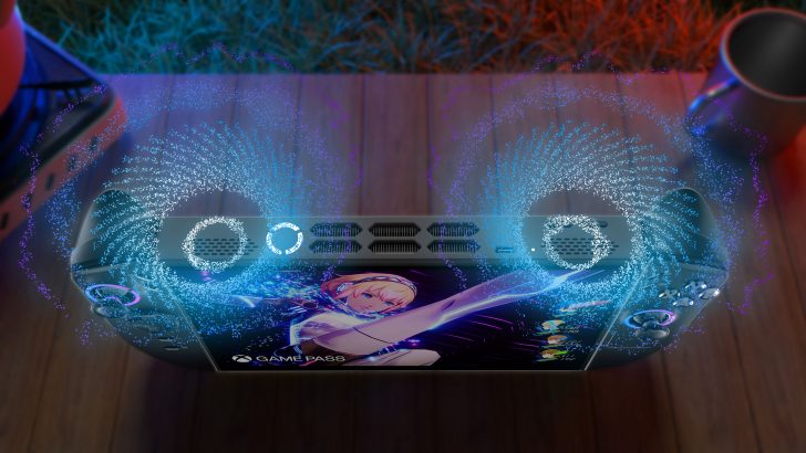 Handheld gaming console with XBOX GAME PASS and anime design, surrounded by blue particle effects, on a wooden surface.