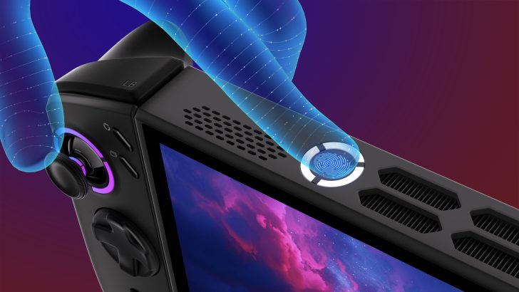 Asus ROG Ally gaming handheld with a digital fingerprint sensor under a virtual fingertip.