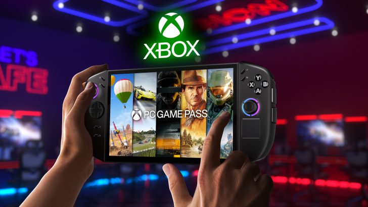 Asus handheld gaming device in a neon-lit room displaying Xbox PC Game Pass interface with XBOX logo.