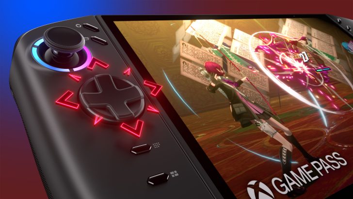 Handheld gaming device displaying GAME PASS on screen with a character in action.