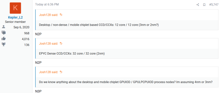 Forum discussion with comments about chiplet-based CCD/CCX cores and process nodes.