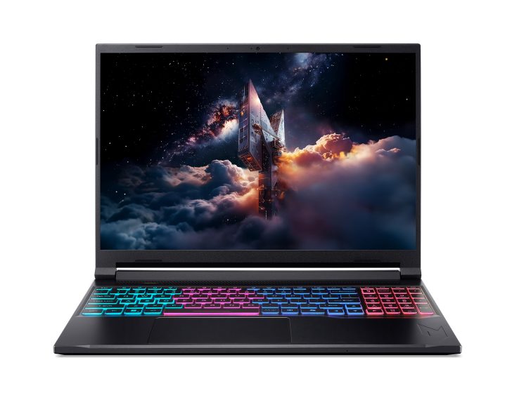 Lenovo laptop with a colorful backlit keyboard displaying a space-themed wallpaper.