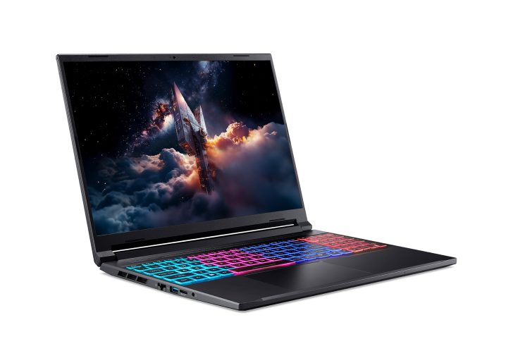 Acer Predator Helios laptop with RGB keyboard displaying a starship on its screen.