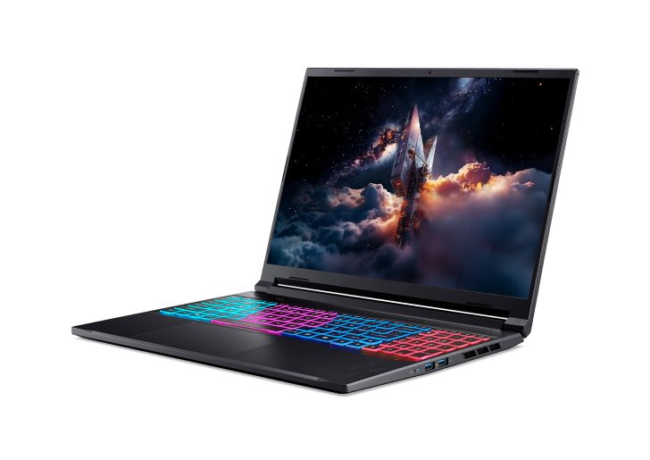 Acer Predator laptop with a colorful keyboard and space-themed wallpaper on screen.
