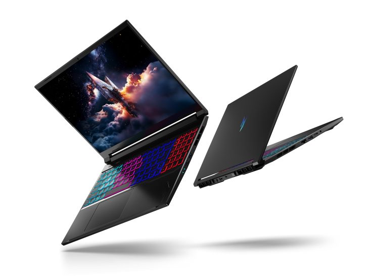 Acer Predator laptops floating with a colorful backlit keyboard and space-themed screen.
