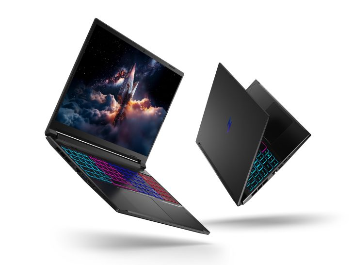 Two HP laptops with illuminated keyboards displaying a space scene on the screens, hovering against a white background.