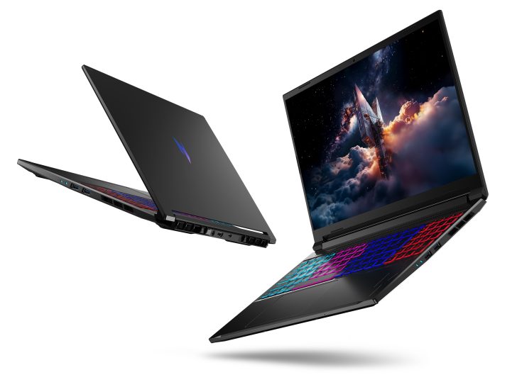 MSI laptop displaying a space-themed image with an RGB keyboard, shown in an open position.