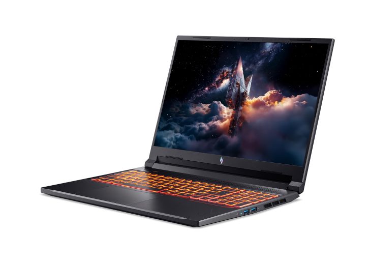 Acer Predator laptop with orange backlit keyboard displaying a space-themed image on screen.