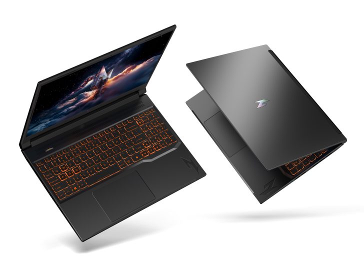 ZOTAC gaming laptops with orange backlit keyboards and Z logo on cover, floating against a white background.