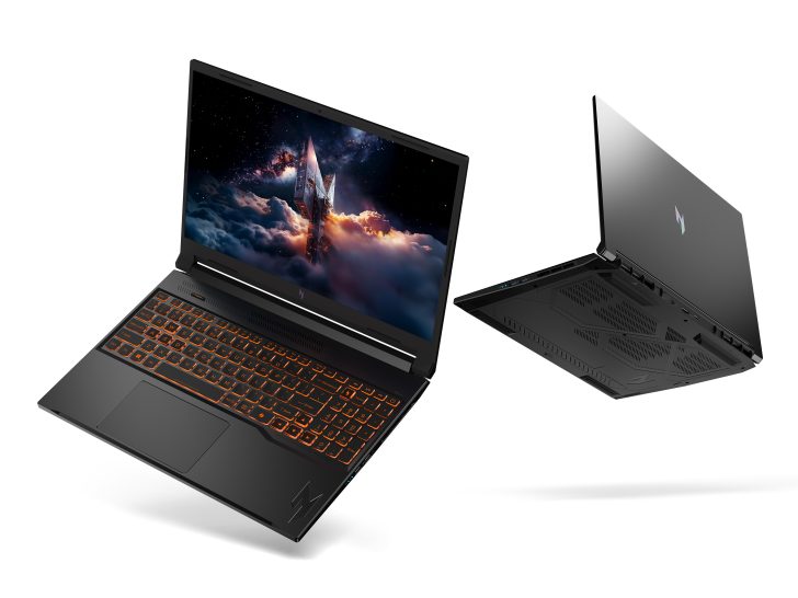 Acer Predator Helios 300 with backlit keyboard displaying space scene.