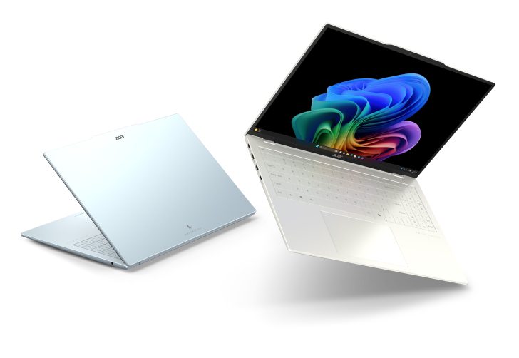 Acer Swift 5 open and closed laptops, showing logo and vibrant screen.