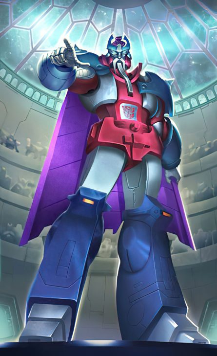 Animated robot with a purple cape and glowing eyes stands under a glass dome.