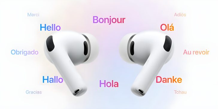 Apple AirPods Pro with multilingual greetings in the background.